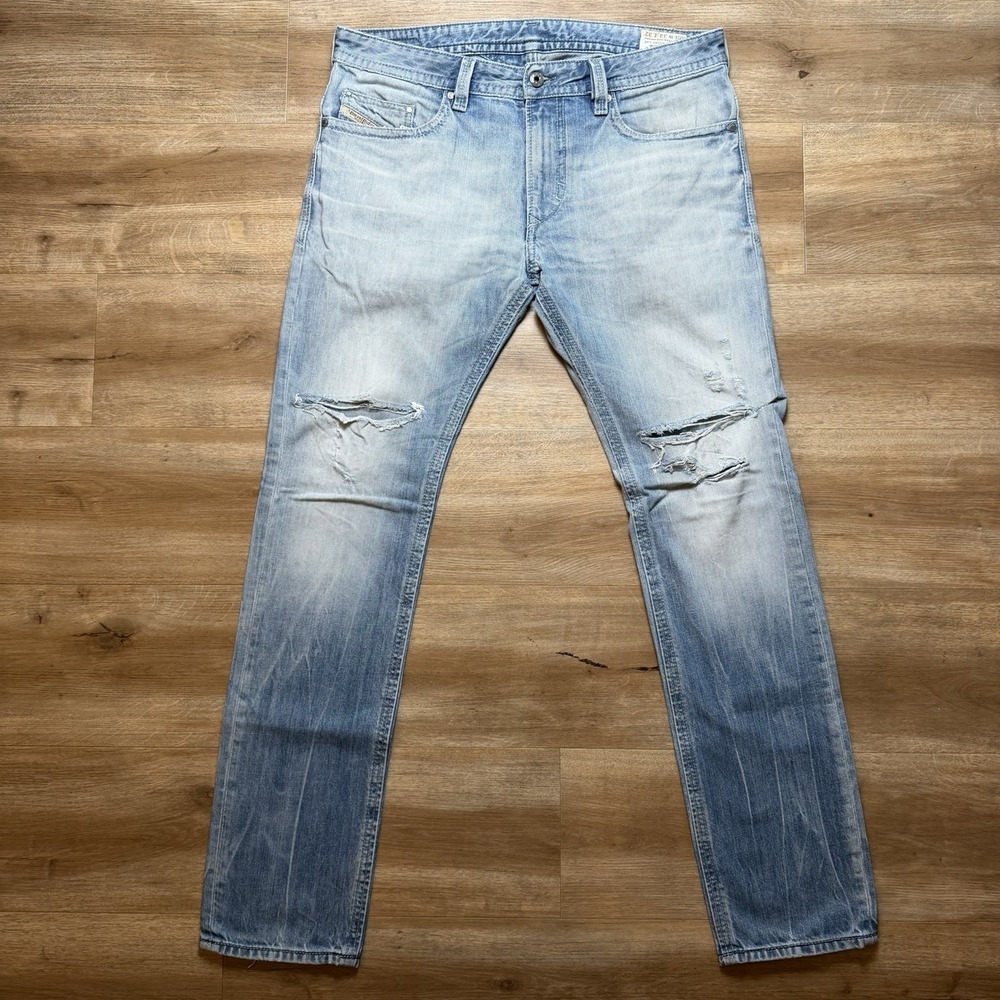 Diesel Thavar Jeans Men 33x32 Blue Slim Skinny‎ Light Wash Distressed Rockstar